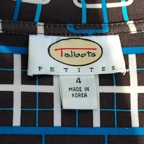 Talbots Petites Geometric Belted Dress Size 4 Blue/ Brown/ White/Turqouise - Picture 10 of 12